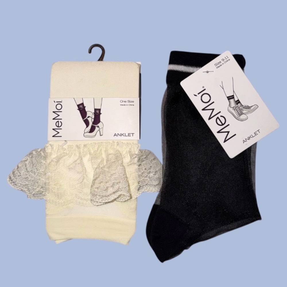 Girl’s Anklet Socks - 2 pairs- Ivory Lace & Black Sheer Nylon ankle NEW MeMoi